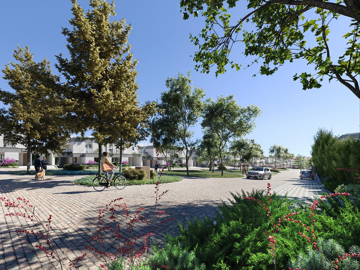 Render realista das ruas centrais do Splendouro Village com as moradias em volta