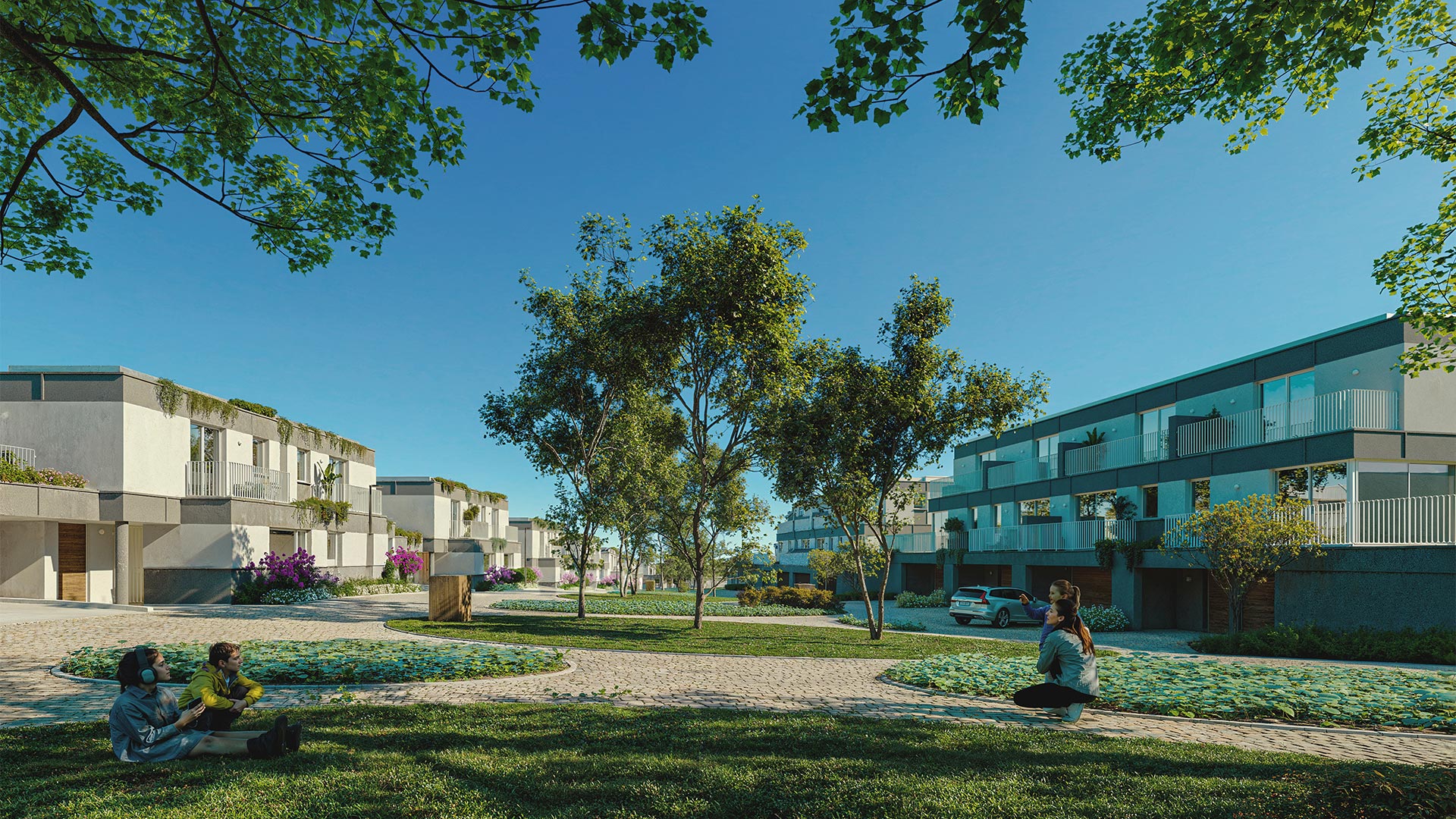 Imagem pré-carregamento da página inicial do Splendouro Village; Rua central do projeto, rodeado das moradias e natureza